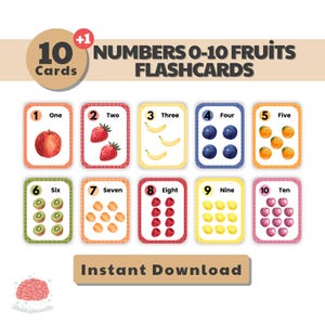 Numeri 1-10 Frutta Flashcards / Riconoscimento dei numeri per bambini / Apprendimento per bambini piccoli e in età prescolare / Flashcard stampabili con i numeri / Montessori