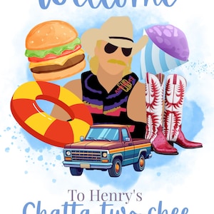 Puede incluir: Ilustración colorida con la palabra "Welcome" en la parte superior. La imagen presenta una hamburguesa, un salvavidas, un personaje de dibujos animados, una camioneta, botas de vaquero y el texto "To Henry's Chatta-two-chee 2nd Birthday party".