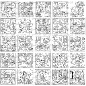 May include: A collection of black and white illustrations featuring various Halloween-themed scenes. Each illustration depicts whimsical characters and settings, including ghosts, skeletons, and pumpkins. The artwork is detailed and suitable for coloring.