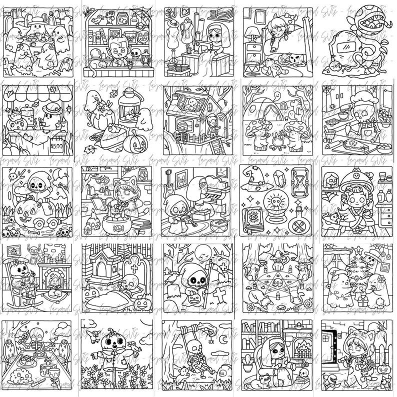 May include: A collection of black and white illustrations featuring various Halloween-themed scenes. Each illustration depicts whimsical characters and settings, including ghosts, skeletons, and pumpkins. The artwork is detailed and suitable for coloring.