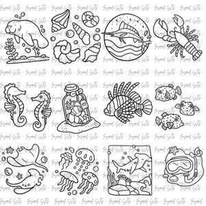 May include: Black and white line art illustrations of various sea creatures and objects. The image includes a manatee, seashells, a fish jumping out of the water, a lobster, seahorses, a jar with coral, a lionfish, pufferfish, a stingray, jellyfish, a shark, and a diving mask.