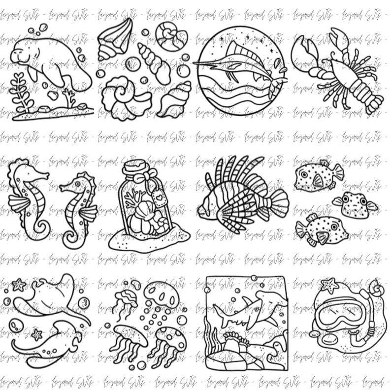May include: Black and white line art illustrations of various sea creatures and objects. The image includes a manatee, seashells, a fish jumping out of the water, a lobster, seahorses, a jar with coral, a lionfish, pufferfish, a stingray, jellyfish, a shark, and a diving mask.