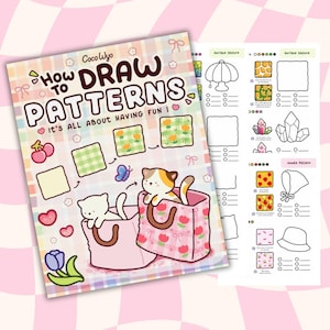 以下が含まれることがあります： 「How to Draw Patterns」というタイトルのカラフルな本。猫、パターン、そして「It's all about having fun!」というテキストのイラストが描かれています。2ページ目にはパターンの例が表示されています。