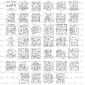 May include: A black and white coloring book titled "LITTLE CORNER" with various shop and scene illustrations. The book includes the text "THIS BOOK BELONGS TO" and a "TEST COLOR PAGE". The illustrations depict shops, interiors, and objects.