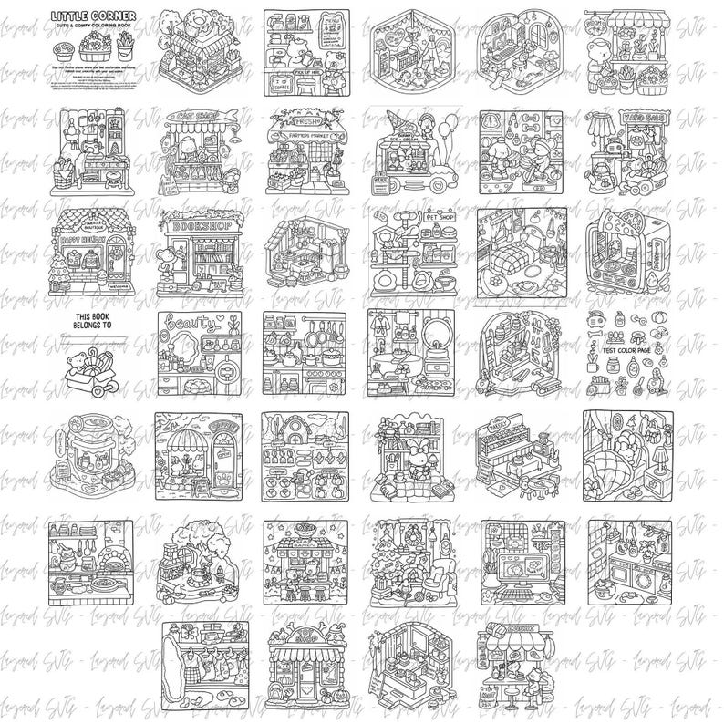 May include: A black and white coloring book titled "LITTLE CORNER" with various shop and scene illustrations. The book includes the text "THIS BOOK BELONGS TO" and a "TEST COLOR PAGE". The illustrations depict shops, interiors, and objects.