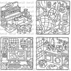 May include: Black and white line art illustration of four scenes. One scene depicts a bakery with pastries and a sign that reads "Lovely Bakery". Another shows a person in bed. A third scene shows a computer with the words "Thank You". The last scene shows a laundry room.