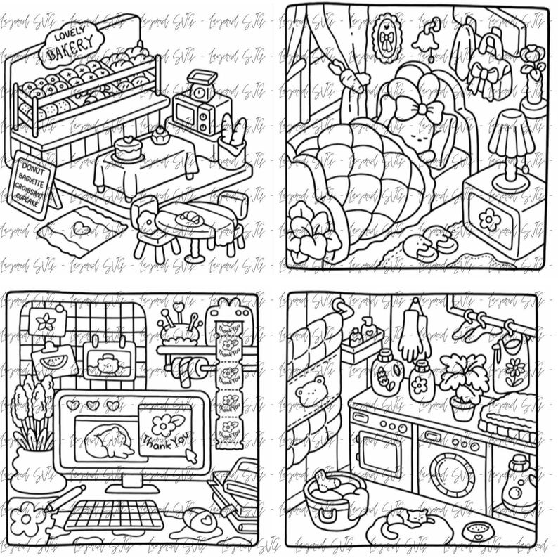 May include: Black and white line art illustration of four scenes. One scene depicts a bakery with pastries and a sign that reads "Lovely Bakery". Another shows a person in bed. A third scene shows a computer with the words "Thank You". The last scene shows a laundry room.