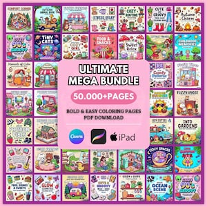 May include: A digital download bundle of coloring pages with a pink background. The image features a collection of colorful coloring books with various themes, including animals, food, and cozy spaces. Text on the image reads "ULTIMATE MEGA BUNDLE" and "50,000+ PAGES".