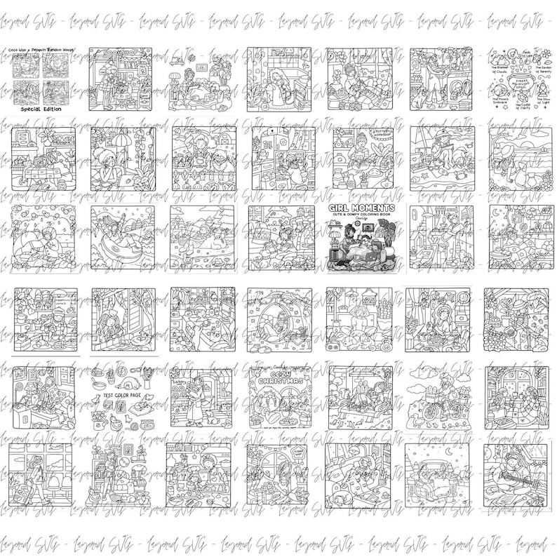 May include: A collection of black and white line art coloring pages. The pages feature various scenes, including cozy interiors, outdoor settings, and illustrations with text. The text includes "Girl Moments" and "Cozy Christmas".