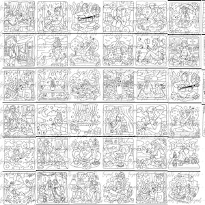 May include: A collection of black and white line art illustrations, each depicting a different scene of people engaged in various activities. The scenes include people playing instruments, reading, gardening, and relaxing indoors and outdoors. The art style is detailed and whimsical.