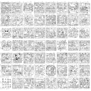 May include: A collection of black and white Halloween-themed illustrations. Each small square features a unique design, including ghosts, pumpkins, and other spooky characters. The drawings are detailed and suitable for coloring.