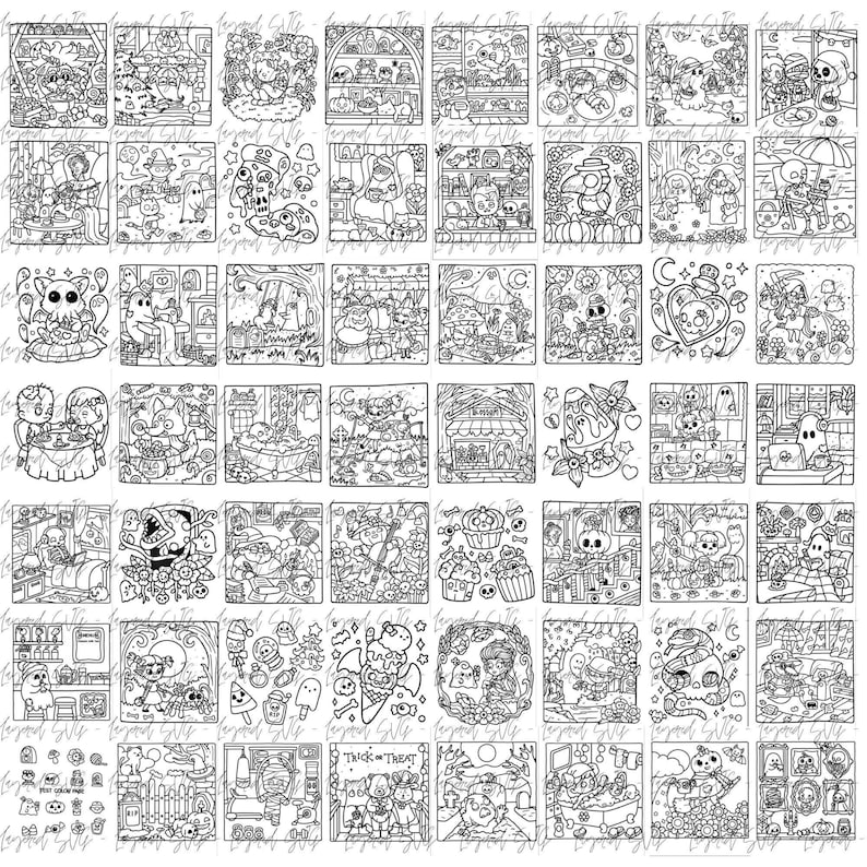 May include: A collection of black and white Halloween-themed illustrations. Each small square features a unique design, including ghosts, pumpkins, and other spooky characters. The drawings are detailed and suitable for coloring.