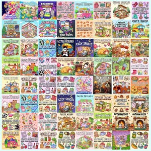 May include: A grid of colorful coloring books with various themes, including "Cozy Eras," "Tiny Cats," and "Autumn Charm." Each book features whimsical illustrations and bold titles, perfect for relaxation and creative expression.
