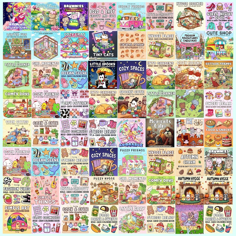 May include: A grid of colorful coloring books with various themes, including "Cozy Eras," "Tiny Cats," and "Autumn Charm." Each book features whimsical illustrations and bold titles, perfect for relaxation and creative expression.