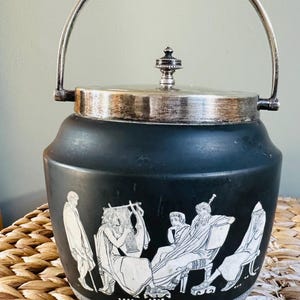 Antique F&R Pratt Fenton Old Greek biscuit barrel jar 1880 Victorian black basalt stoneware preserve pot plated rim