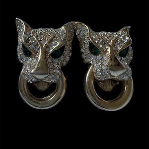 Vintage rare Massive DIAMANTE Panther Doorknocker Clip On Statement Earrings