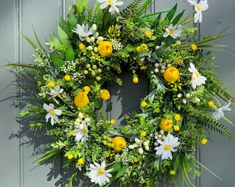 Artificial Handmade Wreath. Yellows, whites and greens. 70cms