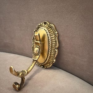 Può includere: Un gancio da parete in ottone con una piastra ovale dotata di un bordo scanalato decorativo e un gancio a doppia punta. Il metallo ha una finitura lucida con aree incassate scure che mettono in risalto gli intricati dettagli in rilievo.