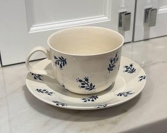 Rare Ralph Lauren "Kate Reversed" Breakfast Cup & Saucer Set Blue Floral Denimware