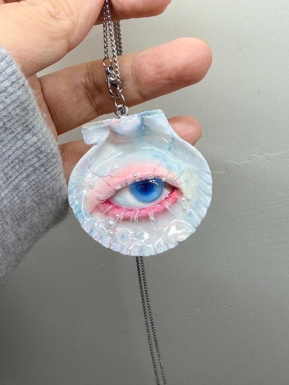 Real Shell Eyeball Pendant, Gothic Evil Eye Necklace, Punk Choker, Creative Shell Necklace, Avant-Garde Pearl 90s Jewelry Gift