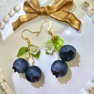 Handmade Blueberry Earrings – Unique polymer Earrings with 925 Silver Hooks & Acrylic Leaves