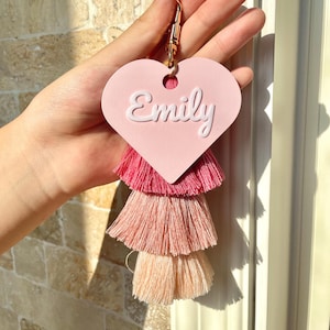 Personalized Name Keychain with tassel,Doubleside bag charm, Bag Name Tag, ,Boho Name charms