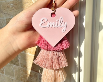 Personalized Name Keychain with tassel,Doubleside bag charm, Bag Name Tag, ,Boho Name charms