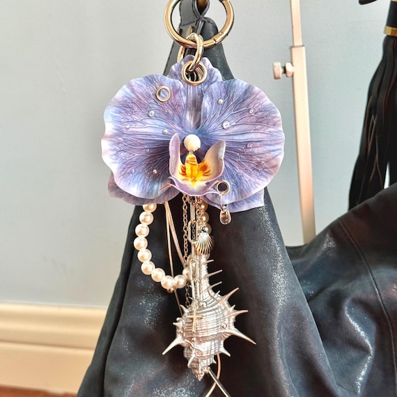 Ocean Theme Bag Charm - Orchid Flower with Seashell Pendant, Handmade Keychain, Beach Boho Accessory, Unique summer Gift for Her