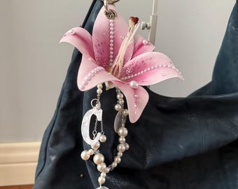 Pink lily orchid bag charm - 6 inch pierced big flower with Pearl Chain & Custom Letter, Gothic Accessory, Handmade Punk Jewelry