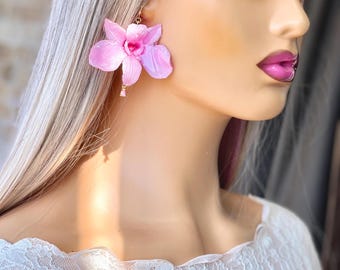 Real Flower Earring，Pink orchid flower, Wedding jewelry