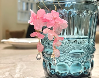 Real Pink Hydrangea drop Earrings, Pressed Flower Earrings, Botanical Jewellery,  Wedding earring