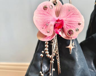 Punk Orchid Keychain, Large Floral  Y2K  GOTH Bag Charm, Handmade Maximalist Accessory for Backpack Purse