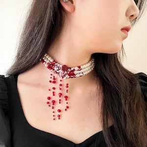Bloody pearl Choker necklace,horror jewellery for Halloween Decor