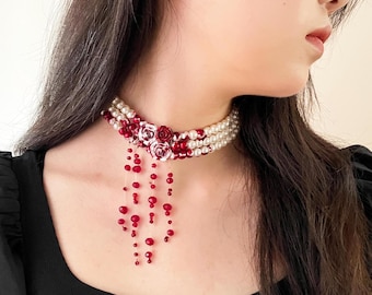 Bloody pearl Choker necklace,horror jewellery for Halloween Decor