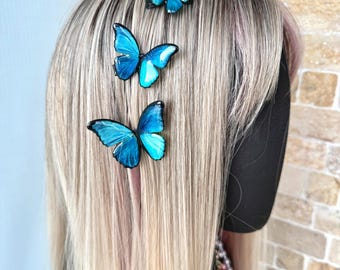 May include: Three blue butterfly hair clips are placed in blonde hair. The butterflies have a detailed wing design with black accents. The hair clips are a decorative accessory for hairstyles.