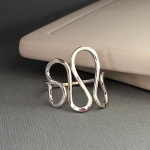 Hammered Sterling Silver Ring, Wavy Thumb Ring, Handmade 925 Silver Statement Ring, Unique Asymmetrical Jewelry for Women, 14K Gold Filled