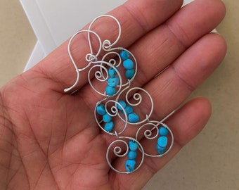 Blue Turquoise Spiral Earring, Sterling Silver Sleeping Beauty Turquoise Nugget Earring, Ocean Sea Blue Dangle Earrings