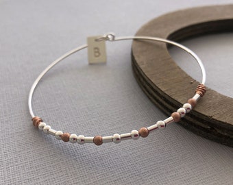 Custom Morse Code Bracelet, Personalized Monogram Charm Bangle, Sterling Silver Rose Gold Mixed Metal Morse Code Jewelry