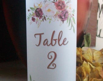 BOHO Table Number Luminarie Centerpiece - Burgundy and Blush Floral - Personalized - Lantern - Flowers - Luminaria