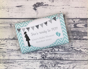 Popcorn Wrapper - Baby Shower Unisex - Microwave Popcorn Sleeve - Favor Thank You Bag - Mint Green Chevron with Silver Glitter Banner