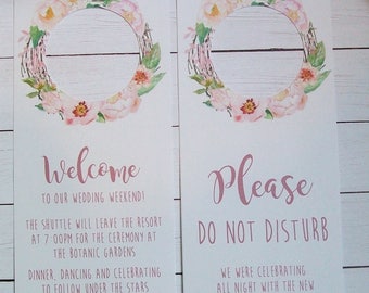 Hotel Door Hangers - RUSTIC BOHO Blush Pink and Cream - Double Sided for Out of Town Wedding Guests - Do Not Disturb - Rose Gold - Floral