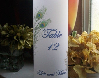 Vellum Luminarie Table Numbers Centerpiece - Personalized with PEACOCK FEATHERS - Luminaria - Lantern - Feather