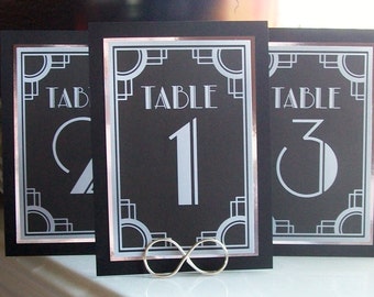 ART DECO Table Number Signs - Silver Foil and Black - Numbers - Great Gatsby - 20s (set of 10)