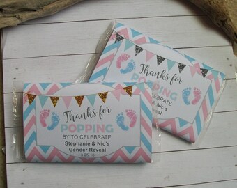 Popcorn Wrapper - GENDER REVEAL Baby Shower - Microwave Popcorn Sleeve - Favor Thank You Bag - Pink and Blue Chevron and Glitter Banner