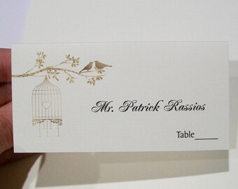 GOLD Bird Cage with Love Birds - Tented Place Card - Escort Card - Customized - Wedding Reception - Engagement - Anniversary - Sweet 16