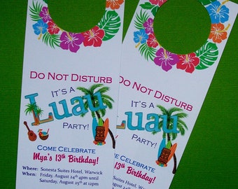 BIRTHDAY INVITATION Door Hangers - LUAU Hotel Slumber Party - Single or Double Sided for Guests - Hawaiian Beach Water Sleepover - Tiki