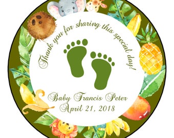 BABY SHOWER Baby Feet Custom Favor Thank You Stickers JUNGLE Theme - Round Labels - You Choose the Size