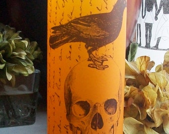 Halloween Skull with Raven Luminarie - Happy Halloween Tangerine Orange Lantern - Black Bird Luminary - Luminaria