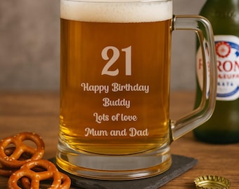 Personalised 21st Birthday Pint Glass Tankard | Engraved Keepsake Gift for Him Son | 21st Birthday Present Idea