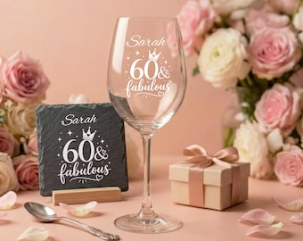 Personalised 60th Birthday Wine Glass & Coaster Set, 60 and Fabulous Engraved Gift for Her, Custom Name Red White Rose Glass